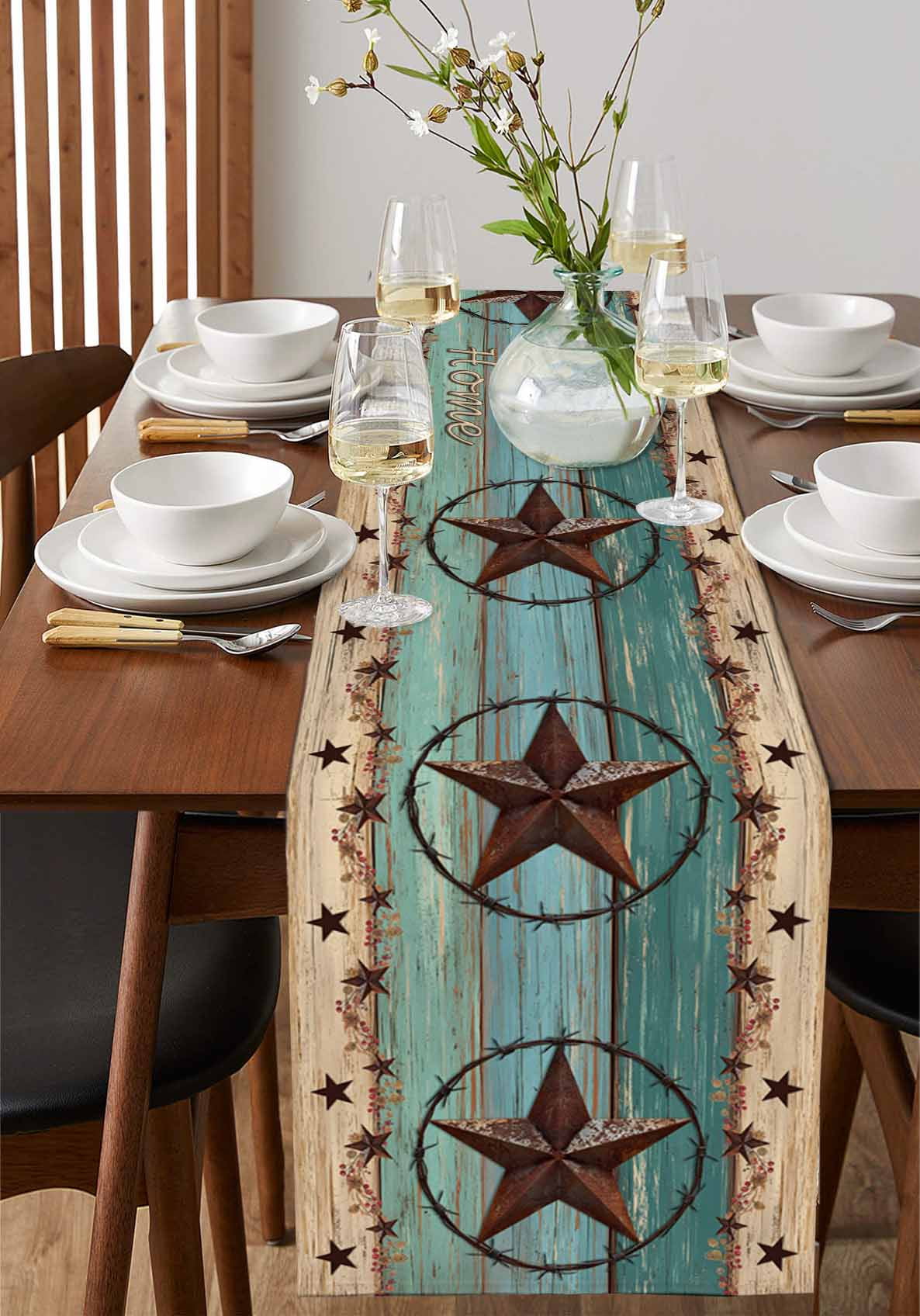 Texas Star Country Table Runner 108 Inches, Western Old Wooden Board Vintage Bed Runner Dresser Scarves Tabletop for Indoor Outdoor Parties/Ceremony/Banquet, 13"x 108"