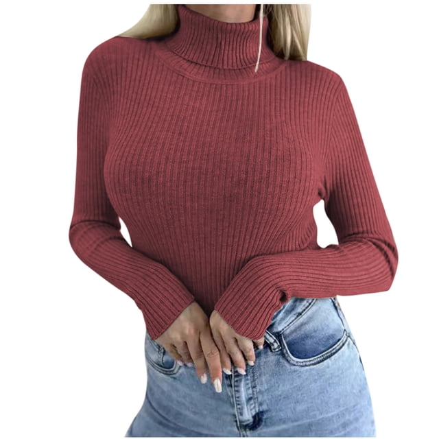 Dagegui Turtleneck Long Sleeve Sweater for Women Lightweight Ribbed Knit Pullover Fall Winter Slim Fit Base Layer Sweater Tops Watermelon Red,L