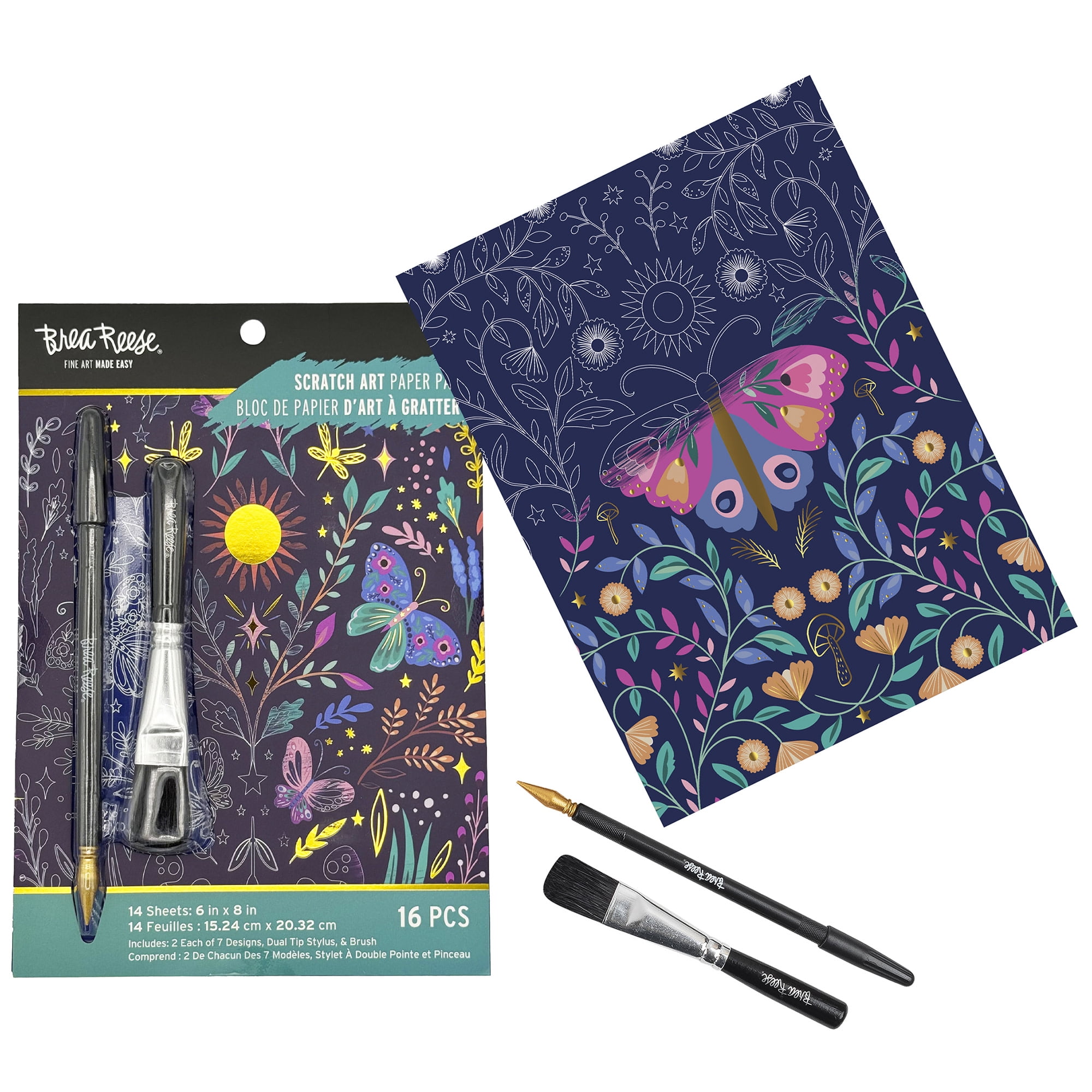 Brea Reese: Scratch Art Paper Pad - Enchanted Wood - 2 Each of 7 Designs, Foil Accents, Dual-Tip Stylus & Brush, Easy-to-Frame 6x8 Pages, Adult Craft