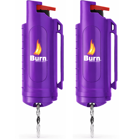 Burn Pepper Spray Keychain for Self Defense, Police Strength OC Spray with UV Dye, Twist Lock Safety, Metal Clip, 0.5 oz, Purple 2 Pack