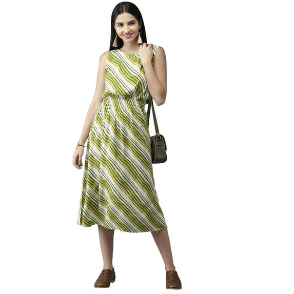 eloria Stripes Printed Women's Fashion Stylish Knee Length In Round Neck Design Dress