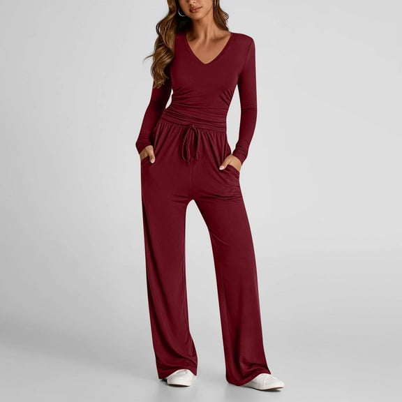 Pajamas for Women 2-Piece Lounge Sets Winter Casual Long Sleeve Workout Tops and High Waisted Wide Leg Lounge Pants for Active Sleepwear