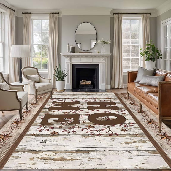 Retro Farmhouse Area Rugs 5'x7', Washable Small Throw Rugs for Laundry Room Playroom, Country Star Berries Text Wooden Grain Indoor Outdoor Rug Non-Slip Low Pile Carpet Runner Reversible Floor Mats