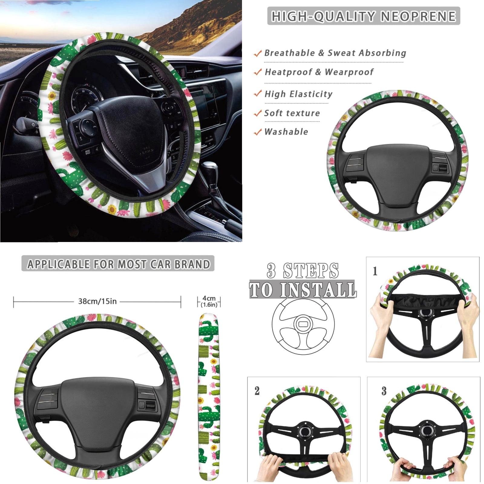 Jeiento Cactus Car Seat Cover for Women Men with Steering Wheel Cover Seatbelt Pads Handbrake Cover Gear Shift Knob Cover Trash Can Armrest Cover Rearview Mirror Cover Coasters 14pcs Auto Accessory