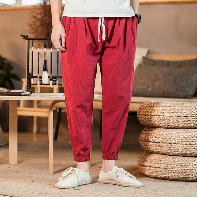 AherBiu Plus Size Linen Joggers Pants for Men Drawstring Elastic Waisted Trousers with Pockets Casual Beach Summer Pants