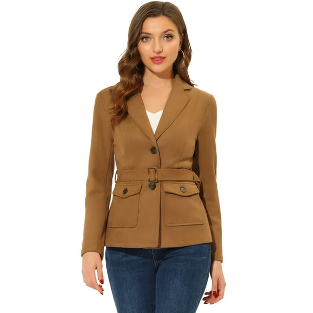 Blazer en faux daim pour femme avec ceinture manches longues et vestes de travail boutonnage unique marron M
