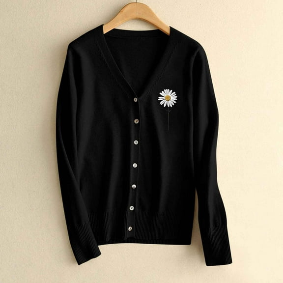 SYMOID Womens Black Acrylic Cardigan with Daisy Embroidery - V-Neck Button-Front, Soft Lightweight, Sizes S-XXXL, Casual for Spring/Fall,Size L