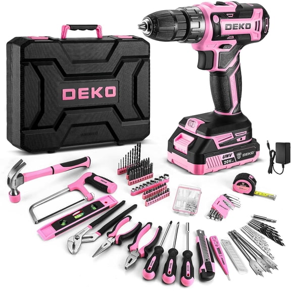 Restored DEKOPRO Power Drill Tool Kit Set: 20V Cordless Electric Drill, Driver, Tool Box with Battery,Pink (Refurbished)