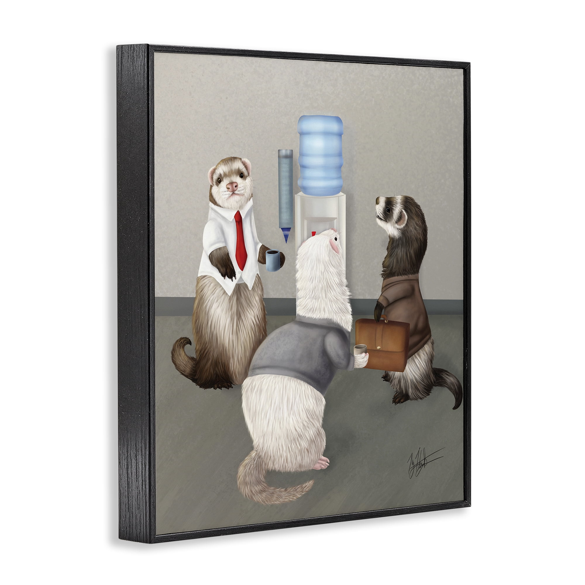 Stupell Industries Office Ferrets Water Cooler Animals & Insects Painting Black Framed Art Print Wall Art, 16 x 20