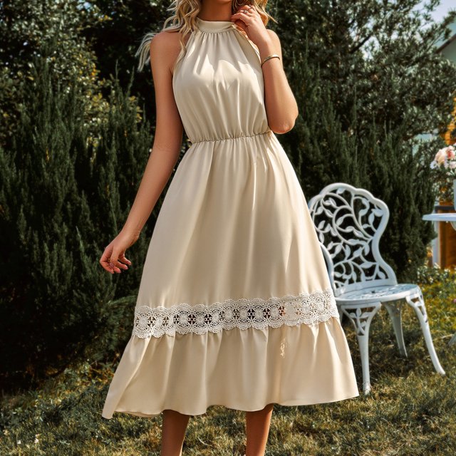 Vestido Vestido ajustado para mujer Cintura elástica Vestido midi de verano Traje diario (Caqui L) Cgtredaw Caqui T L para Mujer