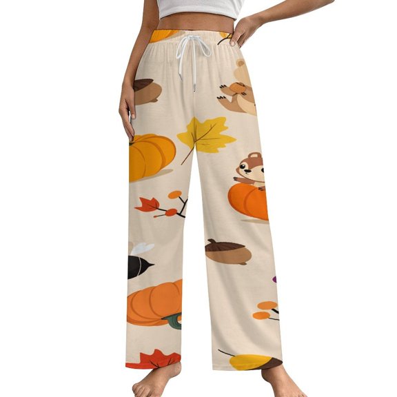 Autumn Pumpkin Leaves Thanksgiving Pajama Pants Breathable with Pockets Pajamas For Lady Vintage Sleeping Pants Bedroom Homewear