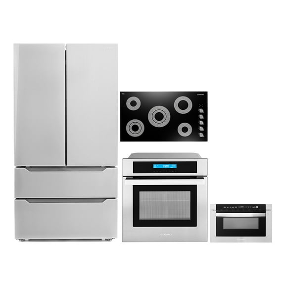 Cosmo 4 Piece Kitchen Appliance Package 36" Electric Cooktop 24" Single Electric Wall Oven 24" Built-In Microwave Drawer & French Door Refrigerator Kitchen Appliance Bundles