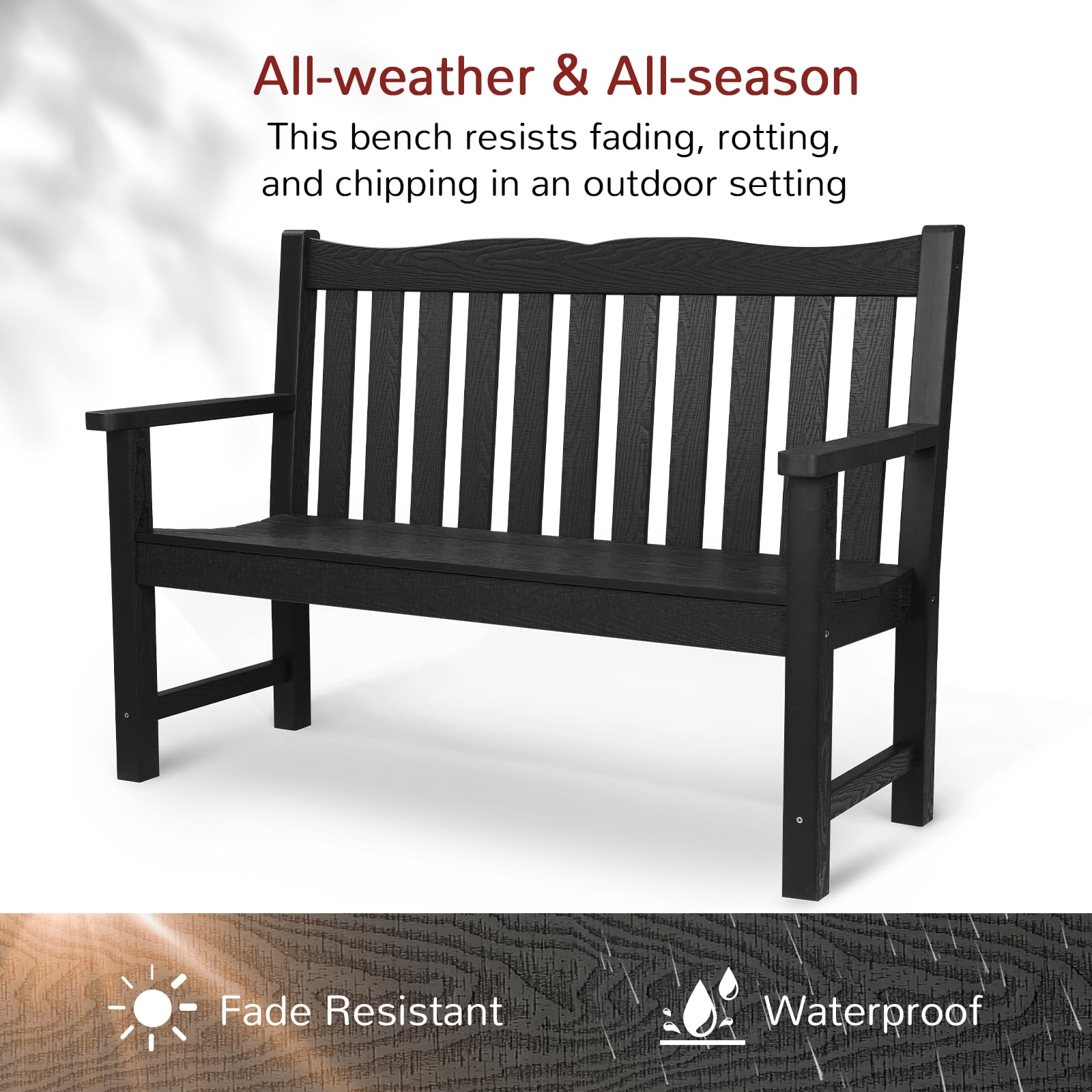 Stoog Two Person Outdoor Garden Bench with Armrest, Loveseat Porch Chair with 800 lbs Capacity, HIPS All-Weather for Patio Porch Backyard Park, Black