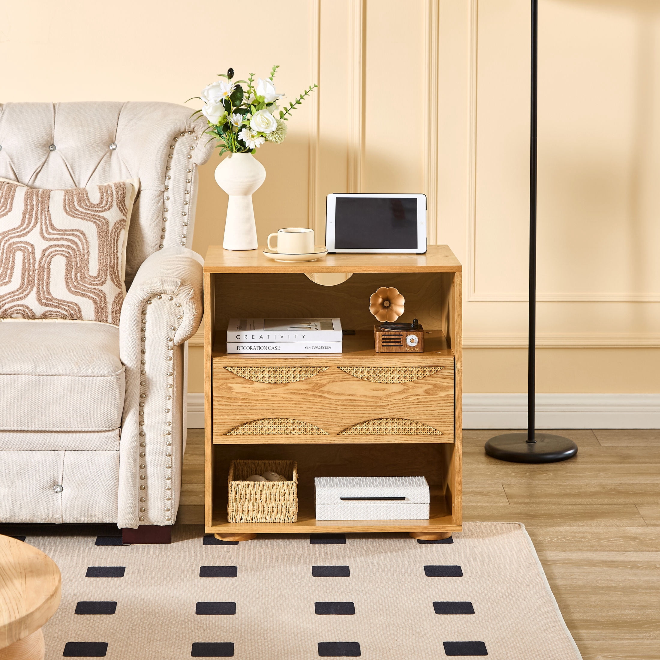 GDF Studio 23.2" Mid Century Modern Rattan Nightstand with Charging Station, Drawer & 2 Open Shelves, Natural
