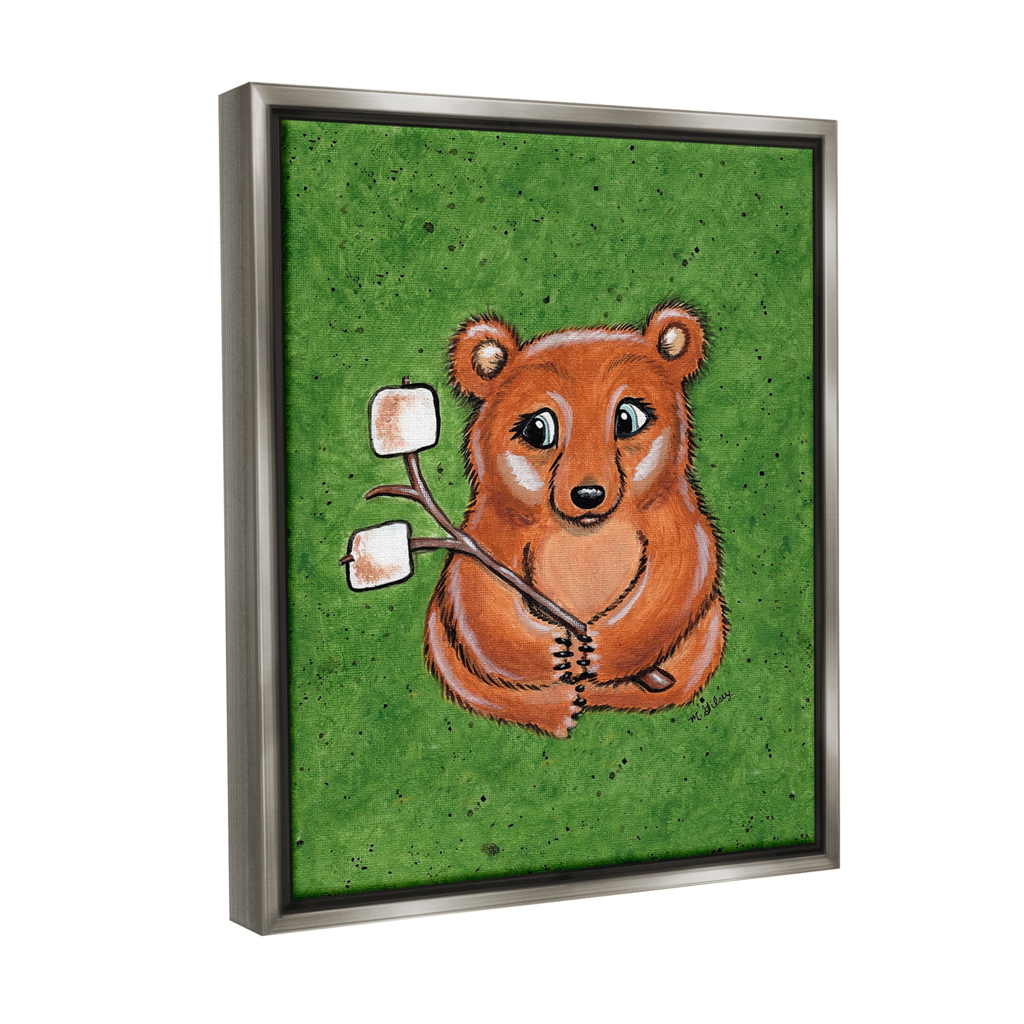 Stupell Industries Bear with S'mores Animals & Insects Painting Gray Floater Framed Canvas Art Print Wall Art, 25 x 31