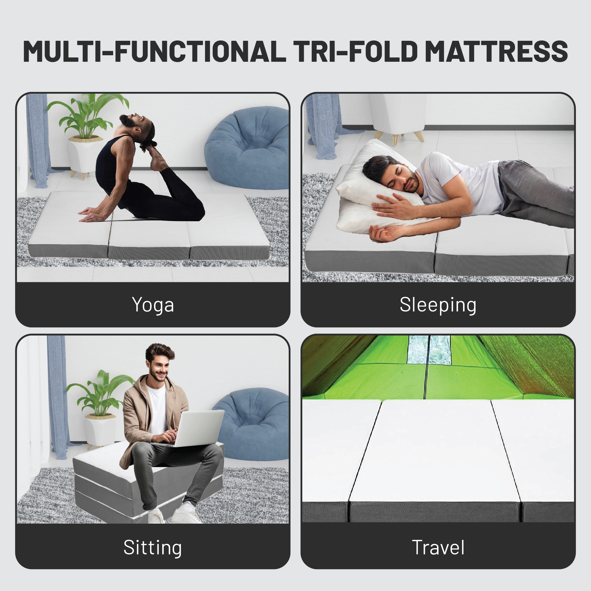 Continental Sleep, 5-Inch Tri-Folding Gel Memory Foam Portable Floor Mattress, Breathable Mesh, Ultra Soft, Removable and Washable Cover, Comfortable Support, 25-Inch, White