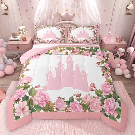 Feelyou Pink Castle Print Full Size Comforter Sets for Kids, Romantic Spring Rose Floral Bedding Comforter Set, Fairy Tale Princess Reversible Bedding Sets, Luxury Bedroom Decor, 3pcs