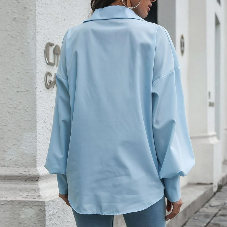 Comfy Hide Belly Long Shirt Long Sleeve Shirts Button Down Collared Solid  Dressy Plus Size Tops for Women Tunic Tops to Wear with Leggings Flowy Blue