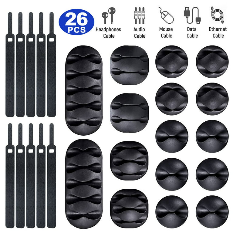 Cable Management Cord Organizer Kit, Include 16pcs of Self Adhesive Cable  Clips & 10 pcs of Fastening Wire Ties for Car PC Computer TV Office Home  Computer ( Black) 