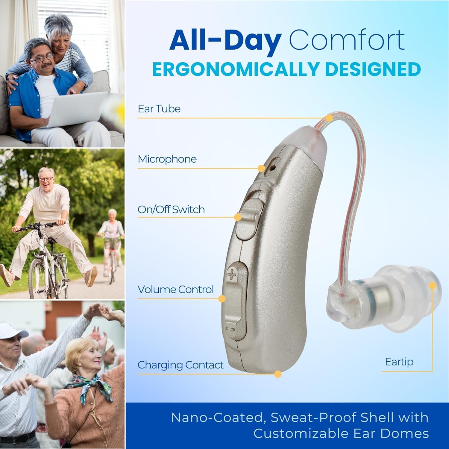 Rechargeable Hearing Aids for Seniors - Behind-the-Ear Hearing Amplifier PSAP Design w/Noise Cancellation, Personal Sound Amplification Device Pair, LCD Magnetic Charging Dock,Sliver