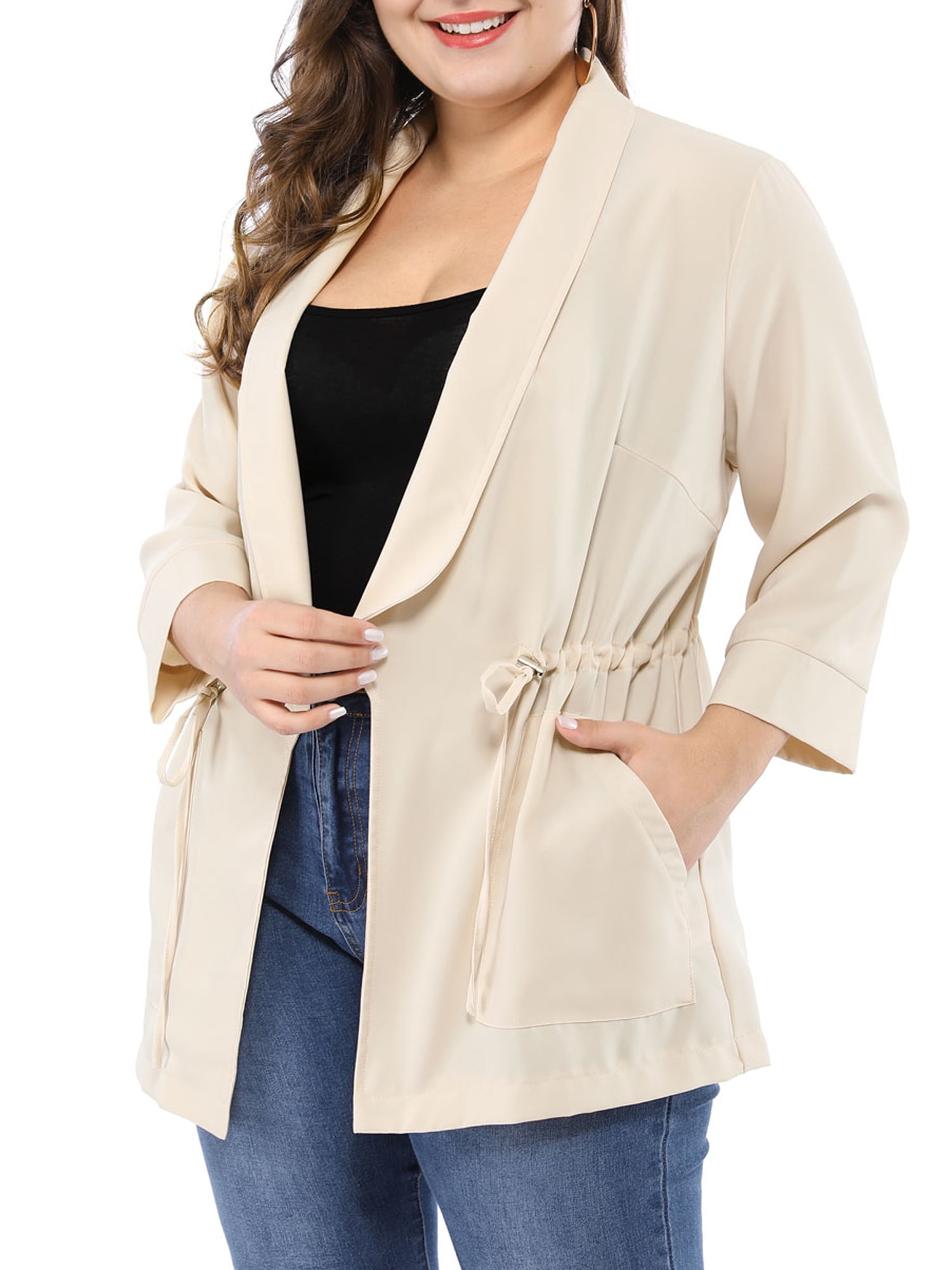 Women's Plus Size Open Front Drawstring Lightweight Jacket 2X Beige