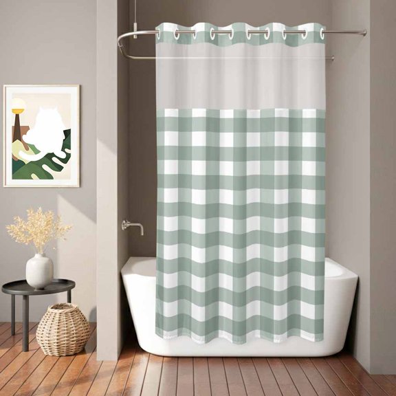 Gray Green Plaid Shower Curtain, Gray Green Gradient Waterproof No Hooks Bath Shower Curtain with See Through Top Window for Bathroom Bathtub 36x72in
