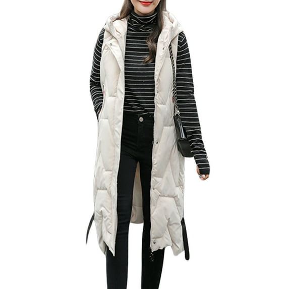 SAYOO Women Puffer Quilted Thick Hooded Long Vest Elegant Winter Warm Sleeveless Down Coats Jackets Outerwear, Beige X-Large