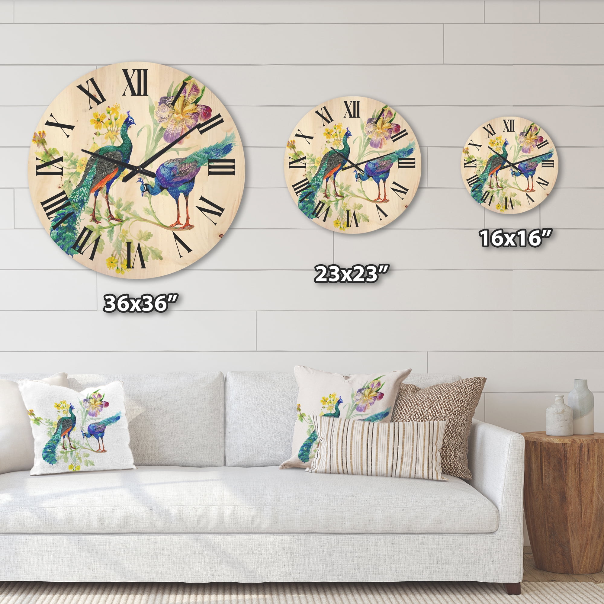 Designart 'Iris Flowers and Peacocks' Traditional Wood Wall Clock