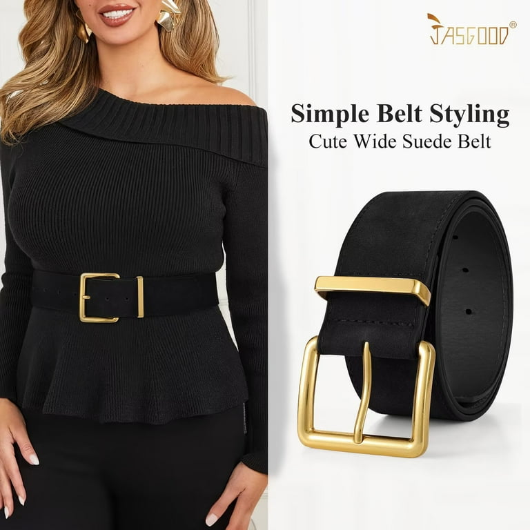 Jasgood Women Wide Belt Fashion Suede Belt Ladies Thick Belts with Gold Buckle Black