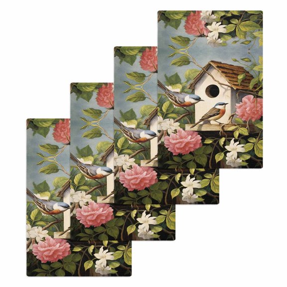 Vintage Birdhouse Kitchen Dish Towels for Drying Dishes Set of 4, Spring Floral Birds Botanical Waffle Weave Microfiber Hand Tea Bathroom Towels Quick Dry & Absorbent Towel 15.7x23.6