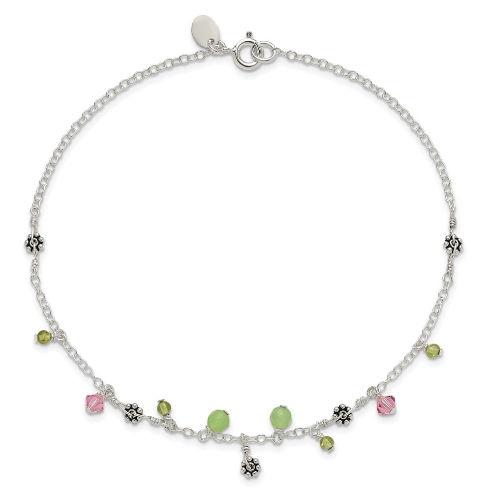 Sterling Silver Anklet Crystal 9 inch mm 9in Pink Green Quartz Peridot Beads