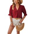 thumbnail image 3 of UKAP Ladies Blouse Button Down Shirts Lapel Neck Tops Casual Work Tunic Shirt Jujube Red M, 3 of 7