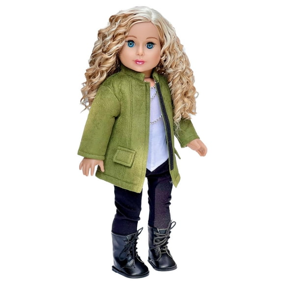 - Autumn Stroll - 4 Piece Outfit for 18 Inch Doll - Green Coat White Blouse Black Velvet Leggings Black Boots (Dolls Not Included)