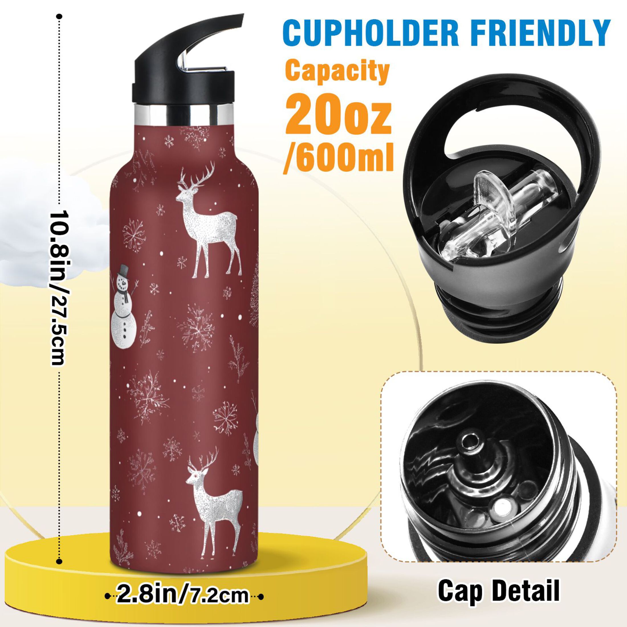 600ML Stainless Steel Insulated Cup Sports Water Bottle Portable Thermos Cup Water Glasses Insulated Tumblers Convenient and Durable Beautiful Christmas Elements Cute