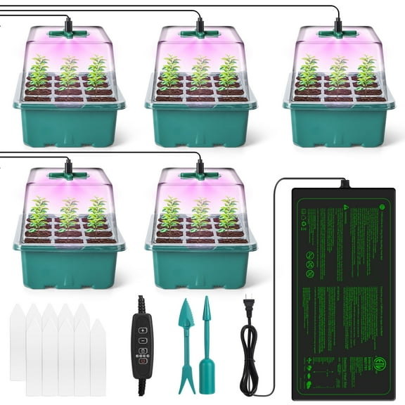 5 Packs Seed Starter Tray with Grow Lights and Heat Mat, Seedling Starter Trays with Timing Controller Adjustable Brightness, Thicken Trays with Humidity Domes Heightened Lids