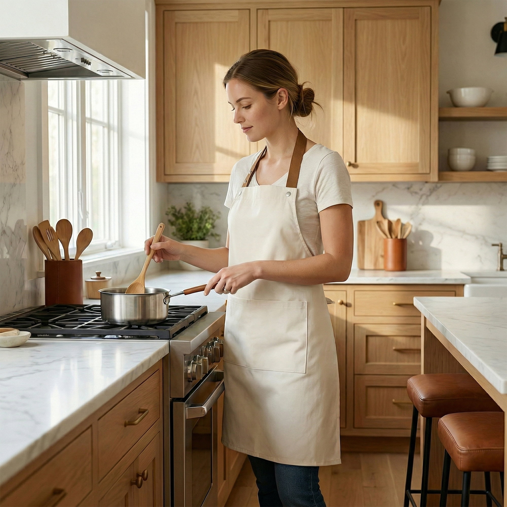 Unique Bargains Waterproof Long Waist Cooking Kitchen Apron with Pockets 26.4x29.1in Beige