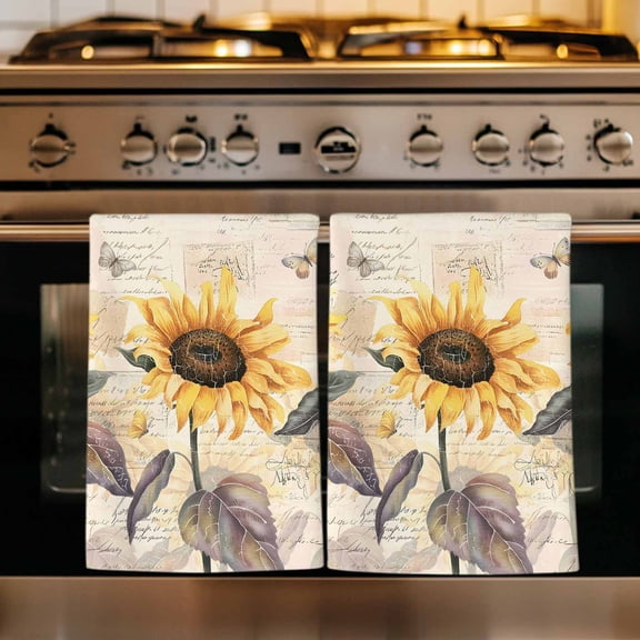 Yellow Sunflowers Kitchen Towels Set of 3, Vintage Flowers Leaves Butterfly Plants Absorbent Dish Towels for Kitchen, Microfiber Hand Towel, Quick Drying Tea Towel for Cleaning Decorative Dishcloths