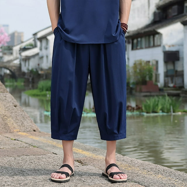 LOVZFMLL Men's Pants Men's Casual Pants Solid Color Cropped Pants And Linen Men's Cropped Pants