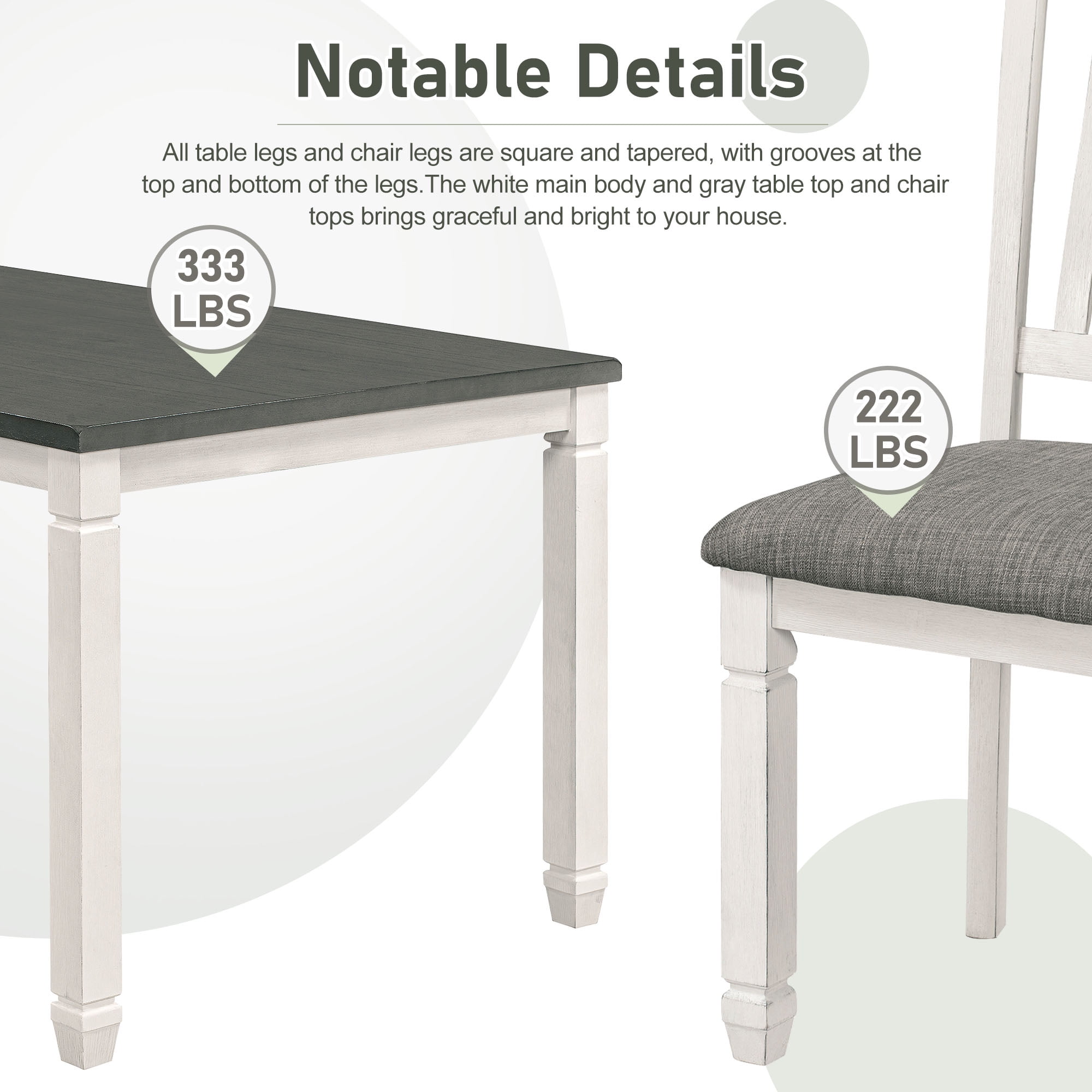 Harper & Bright Designs 7-Piece Dining Table Set Wood Dining Table and 6 Upholstered Chairs with Shaped Legs for Dining Room/Living Room Furniture (Gray+White)