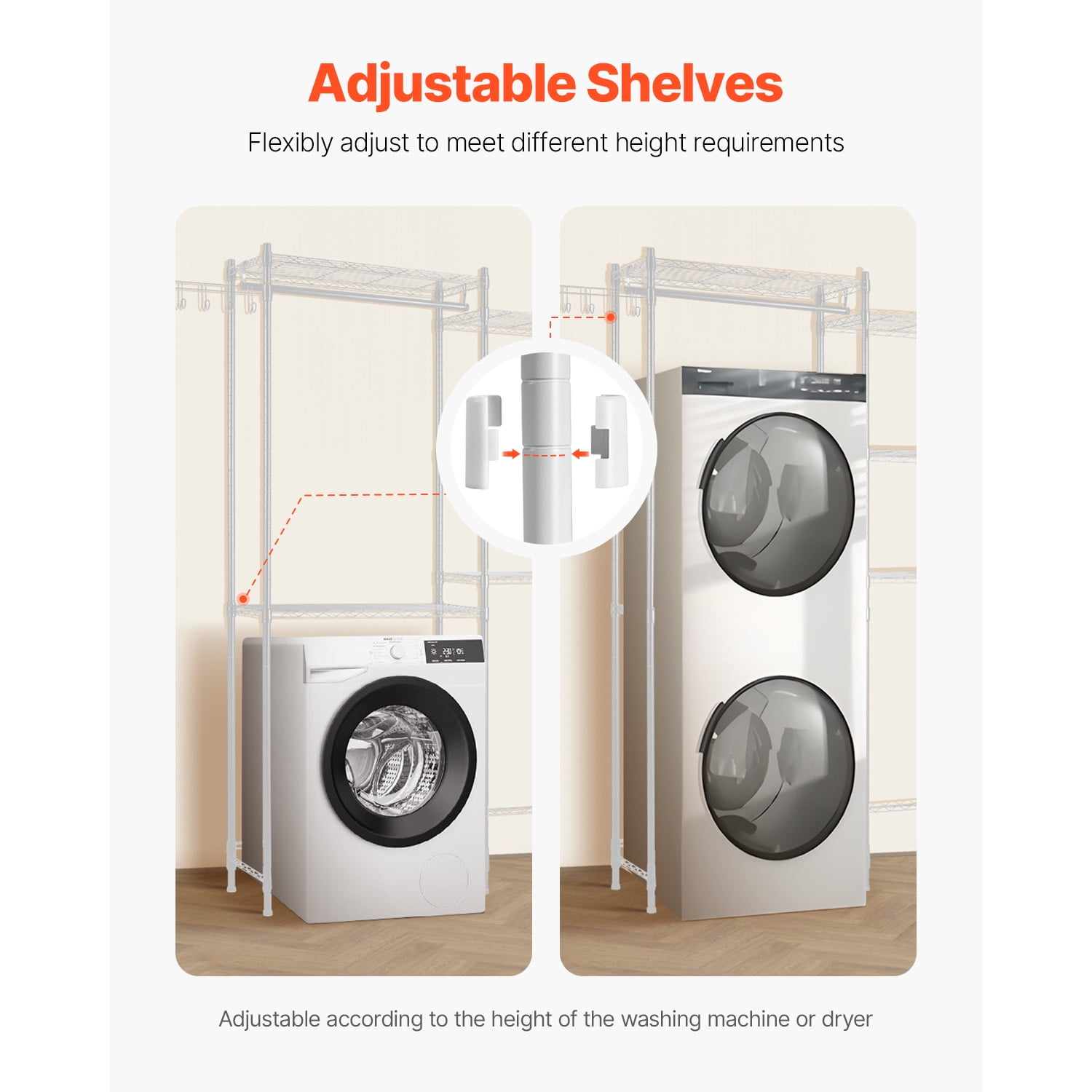 KFFKFF Over Washer and Dryer Storage Racks, 57.9" Clothes Drying Rack with Adjustable Shelves & Hanging Rod, Ideal for Space-Saving Storage and Organization, White