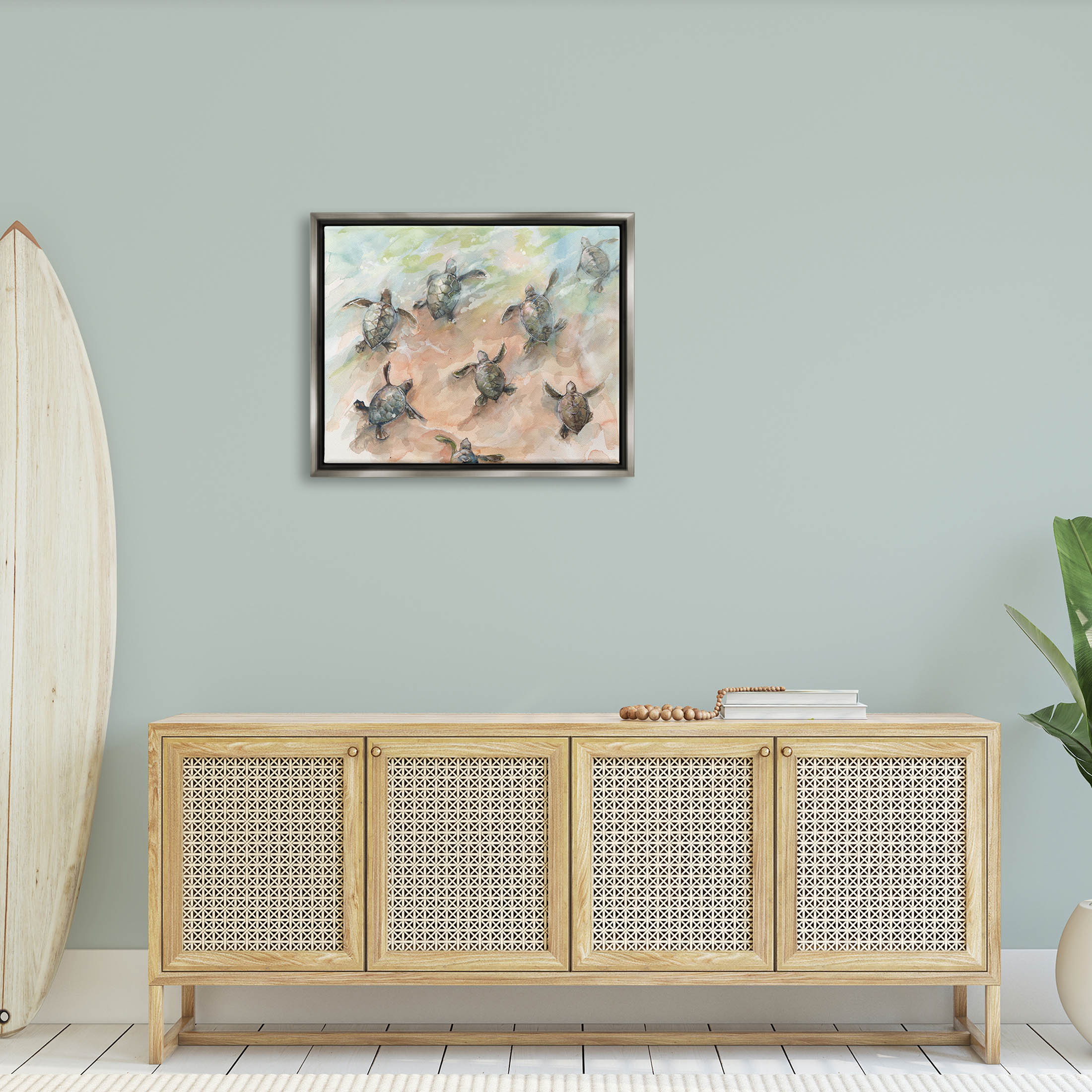 Baby Sea Turtles Swimming Shore Animals & Insects Painting Luster Gray Framed Art Print Wall Art