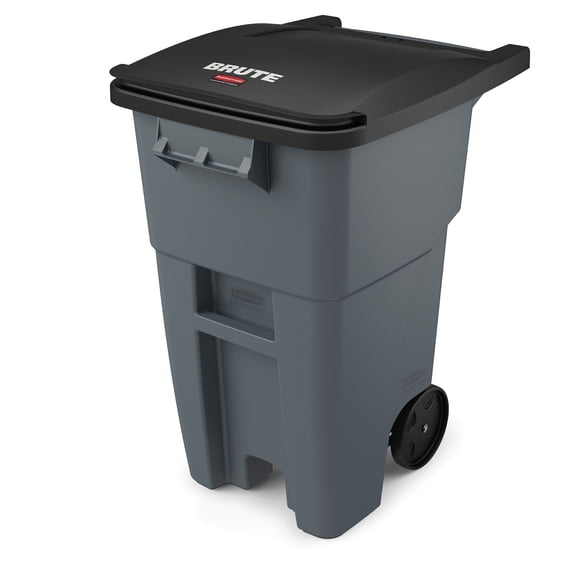 Rubbermaid Commercial Products BRUTE Roll-Out Trash Can with Lid, Square, 50 Gallon, Gray