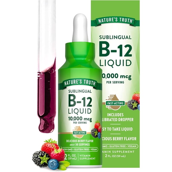 B12 Sublingual Liquid Drops | 10,000 mcg | 2 fl oz | Berry Flavor | Fast Acting | by Nature's Truth