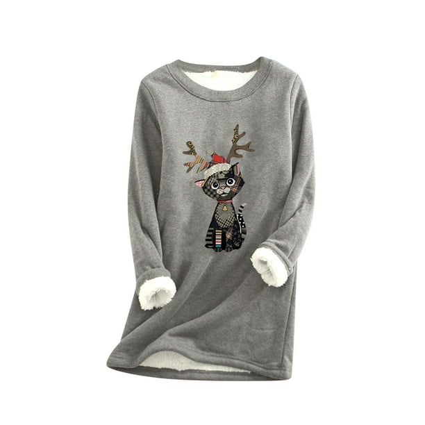 Camisas Navideñas Para Mujer, Camisetas de Manga Larga Con Estampado de Moda, Sudadera Gruesa de Lana, Ropa Interior Cálida de Terciopelo Con Cuello Redondo Odeerbi ODB207675