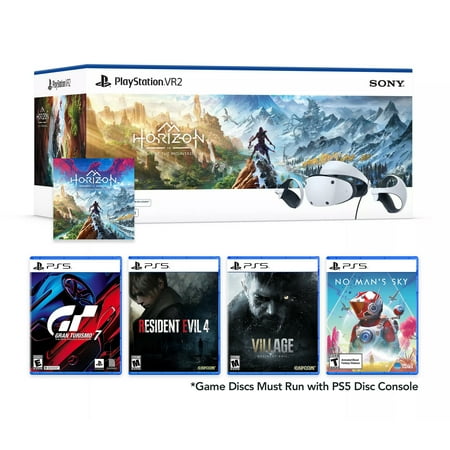PlayStation VR2 Horizon Call of the Mountain bundle plus 4 Must-Play VR2 Games: Gran Turismo 7, Resident Evil 4, Resident Evil 8, No Man's Sky, & Cleaning Cloth - PlayStation 5 PSVR2 - White