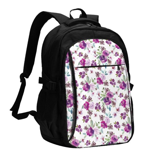 Easygdp Violets Flowers Mochila para Laptop de Viaje con Puerto USB, Mochila para Laptop con Puerto de Carga USB para Mujeres y Hombres