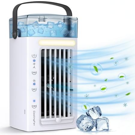 

Portable Desk Air Conditioner Fan 3 in 1 Desk Air Cooler and Humidifier Mobile Air Cooling Fan with 3 Fan Speeds and 7 Colors LED Light for Home Office Bedroom Outdoor for Camping