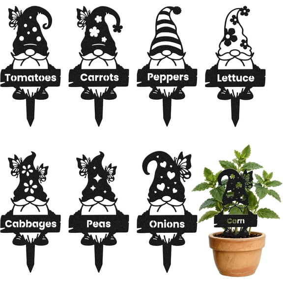 8PCS Metal Plant Markers Stakes Gnome with Vegetable Outdoor Indoor 3.5"x7" Waterproof Cute Garden Plant Labels Signs Tags