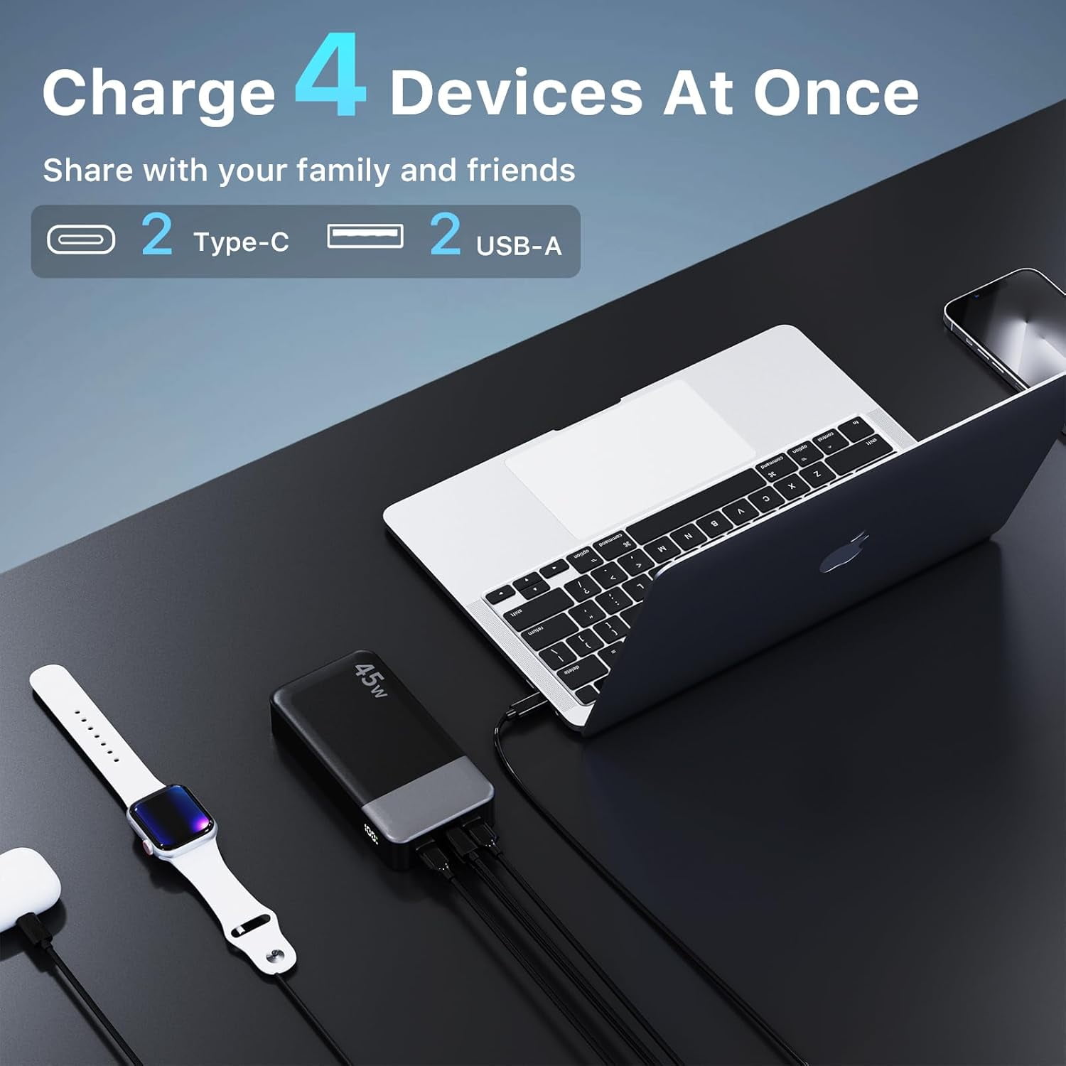 Portable Charger, 20000mAh Power Bank, 45W Power Bank Fast Charging, Battery Pack with C to C Cable, Battery Bank with Digital Display for iPhone Android Laptop etc(Black)