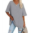 thumbnail image 2 of Women Solid Color Short-sleeved V-neck Cotton Base Shirt Ins Fashion Waist Women's Top, 2 of 2